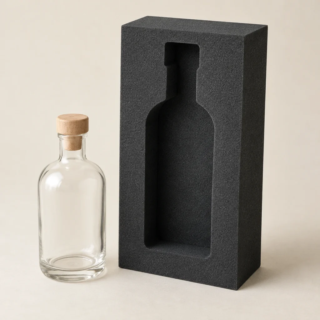 AI concept: dark foam-style fitment with a bottle-shaped cavity, catalog view.