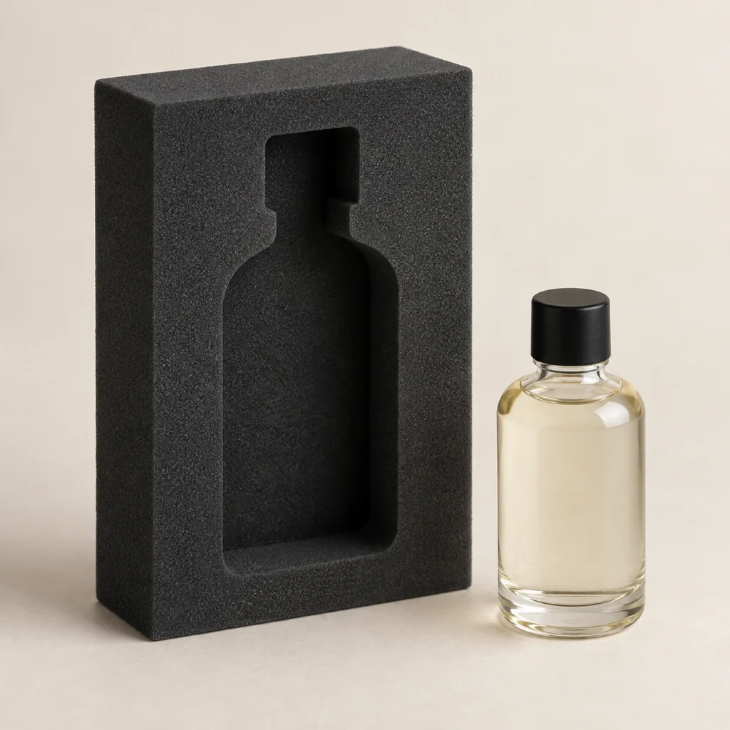 AI concept: a charcoal foam insert with a bottle-shaped recess beside a small clear capped bottle.