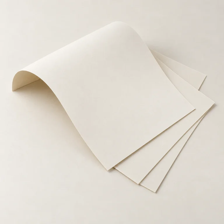 AI concept: alternate view of thin ivory folding boxboard sheets, gently fanned with one curved sheet.
