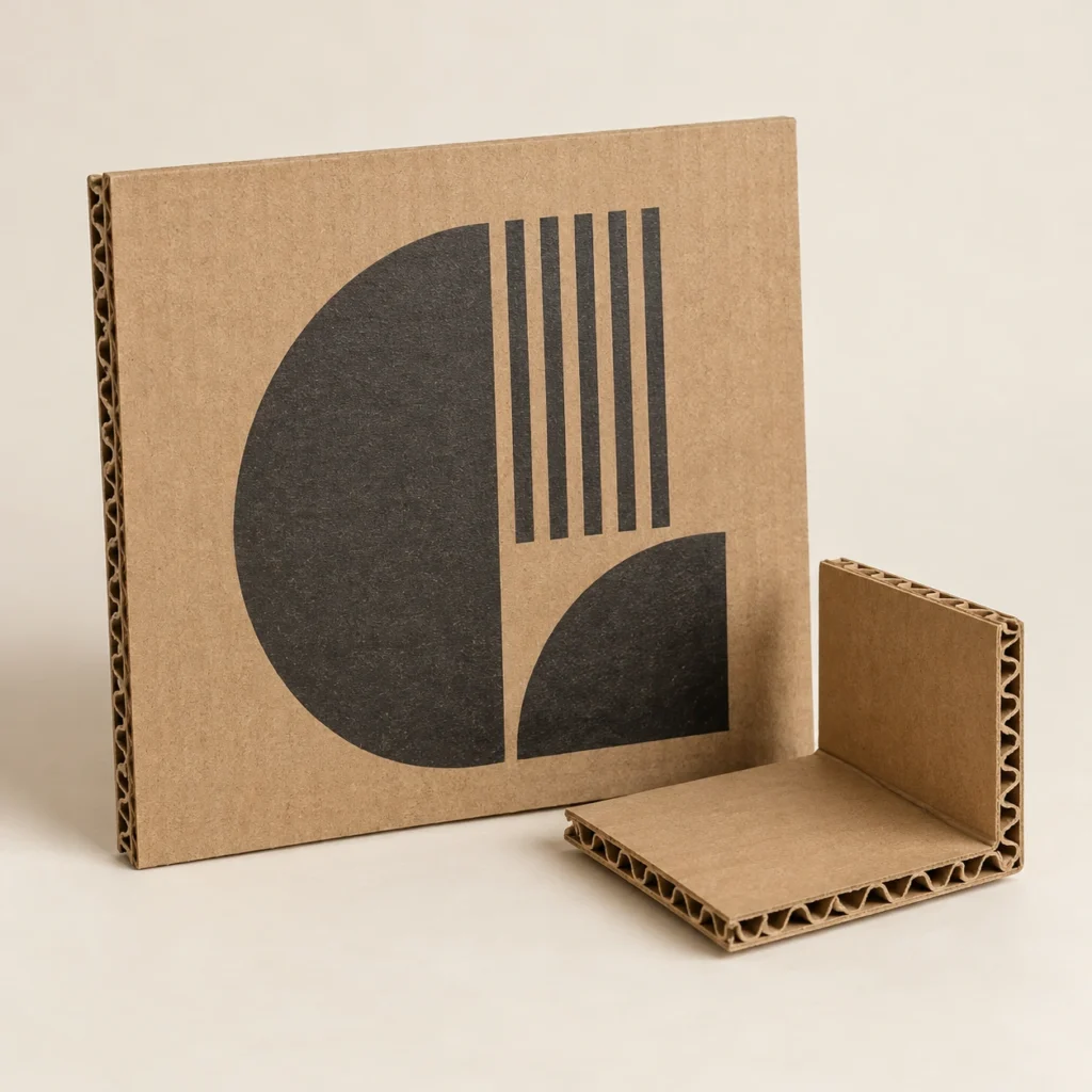 AI concept: a brown corrugated panel with a charcoal geometric print and a folded corrugated corner.