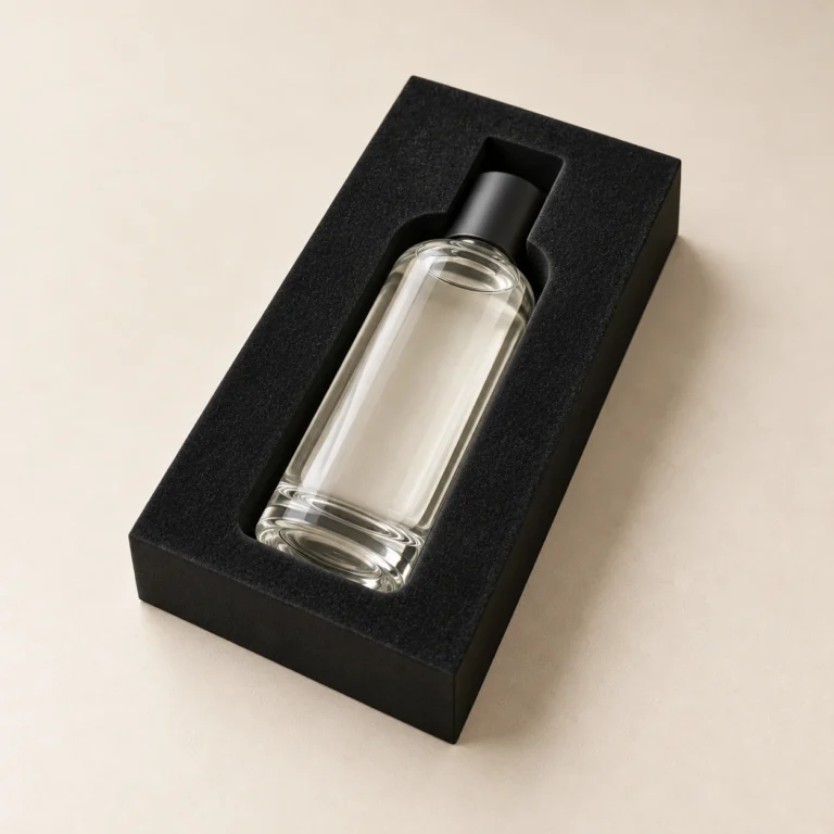 AI concept: alternate view of a black flocked insert with a bottle-shaped recess beside a capped glass bottle.