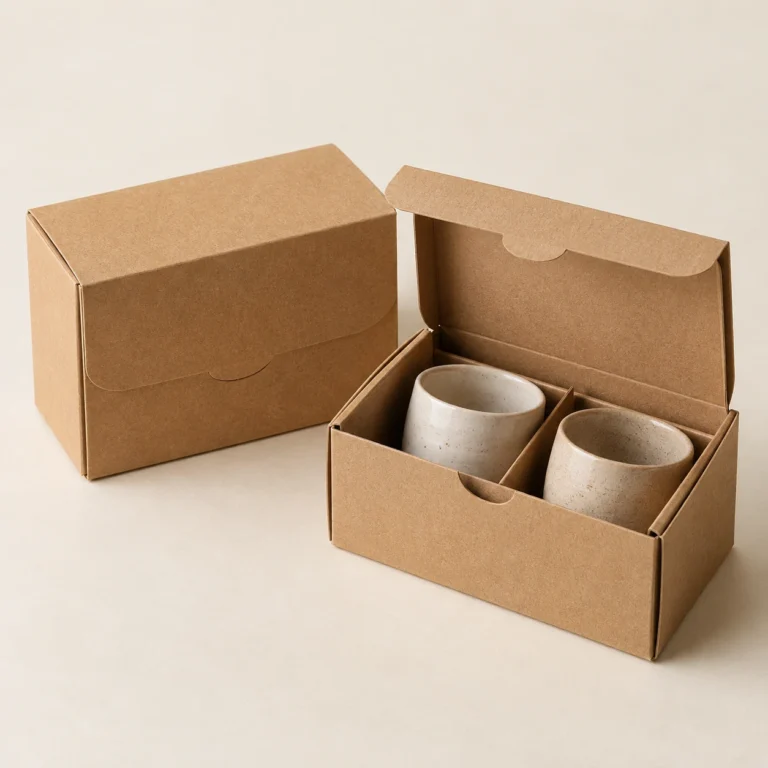 AI concept: brown gift packaging with two light-coloured cups, catalog view.