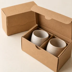 AI concept: brown gift packaging with two light-coloured cups, detail view.