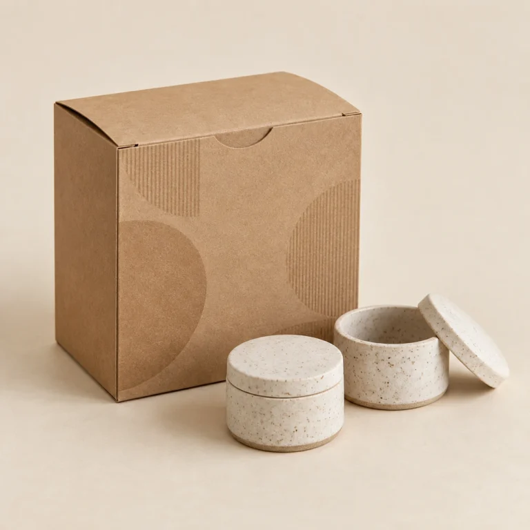 AI concept: a brown kraft carton beside two small speckled lidded gift containers.