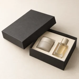AI concept: charcoal gift box with an ivory interior, a jar and a fragrance bottle, catalog view.