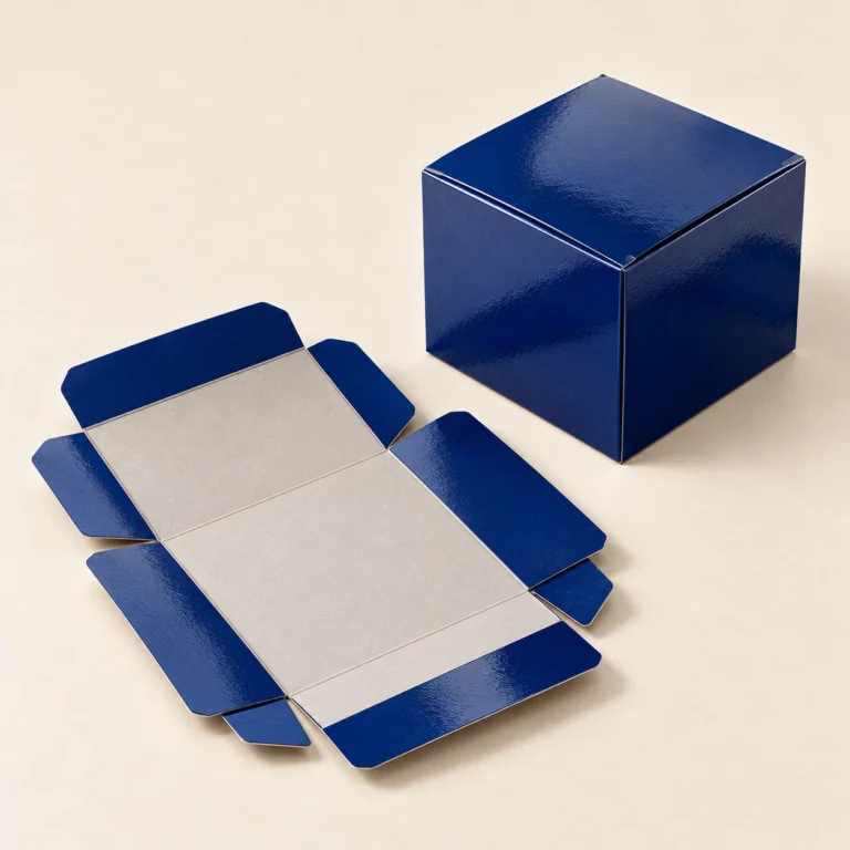 AI concept: alternate view of a deep blue glossy carton beside a matching unfolded carton sample.