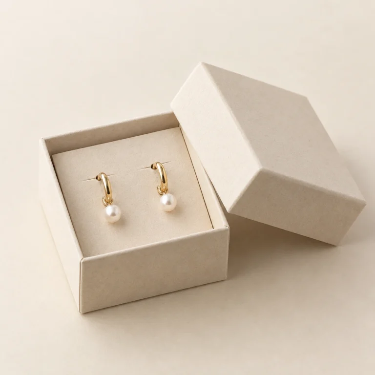 AI concept: ivory earring box with a pair of dangling earrings, catalog view.