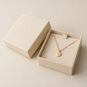 AI concept: ivory jewelry gift box with a pendant necklace, catalog view.