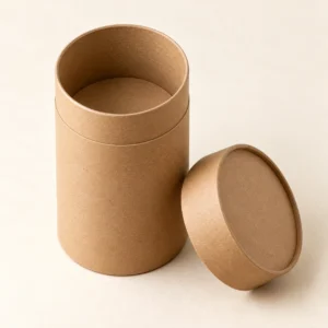 AI concept: brown cylindrical paper-style tube with a separate round lid, alternate view.