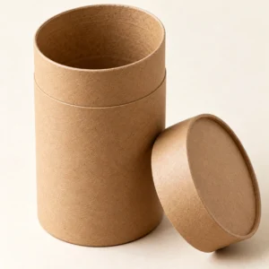 AI concept: brown cylindrical paper-style tube with a separate round lid, detail view.