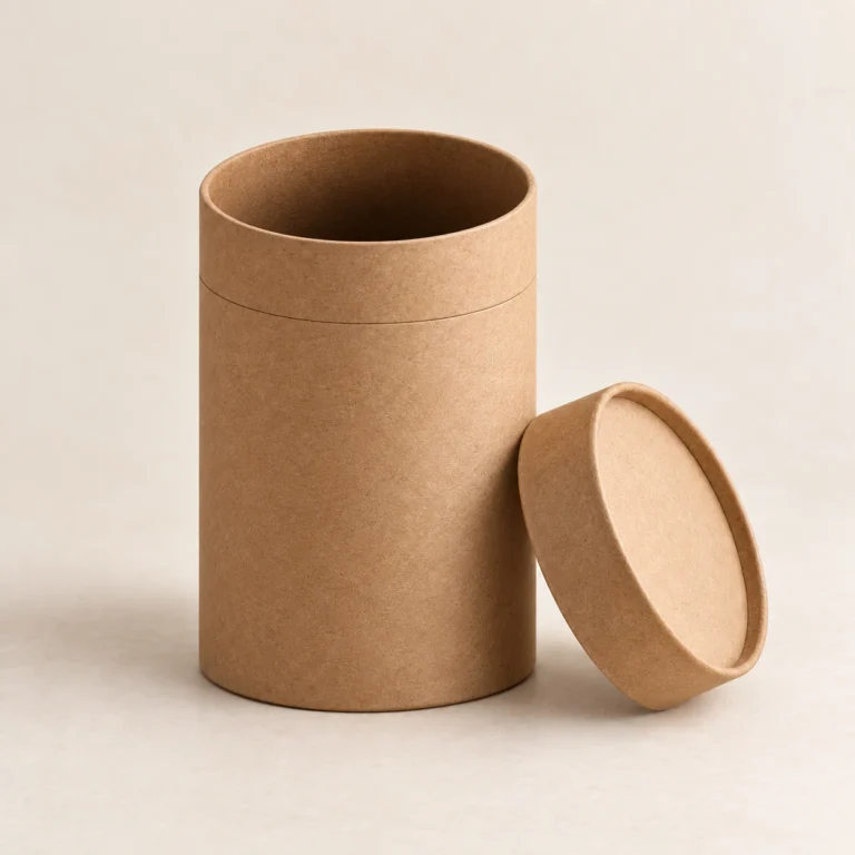 AI concept: a cylindrical brown kraft paper tube with a separate round cap.