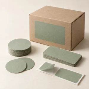 AI concept: muted sage round and rectangular labels beside a labelled kraft box.