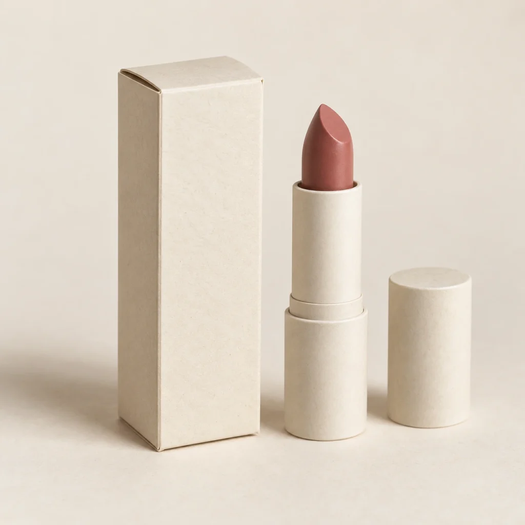 AI concept: tall ivory lip-product carton with an uncapped lipstick, catalog view.