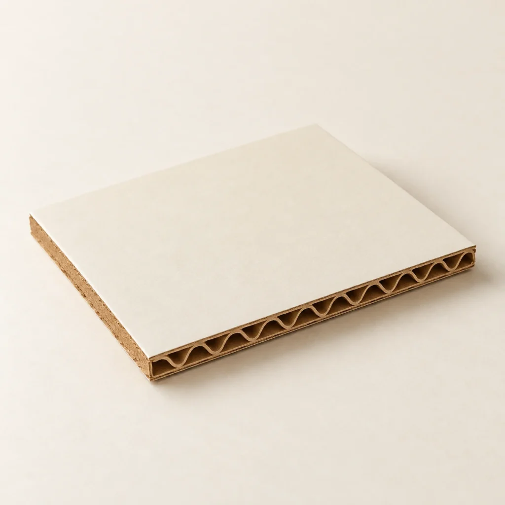 AI concept: a smooth ivory-faced laminated corrugated panel with an exposed brown fluted edge.