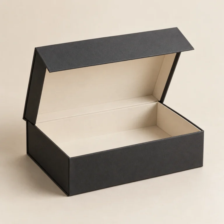 AI concept: charcoal presentation box with a connected hinged cover and ivory interior, catalog view.