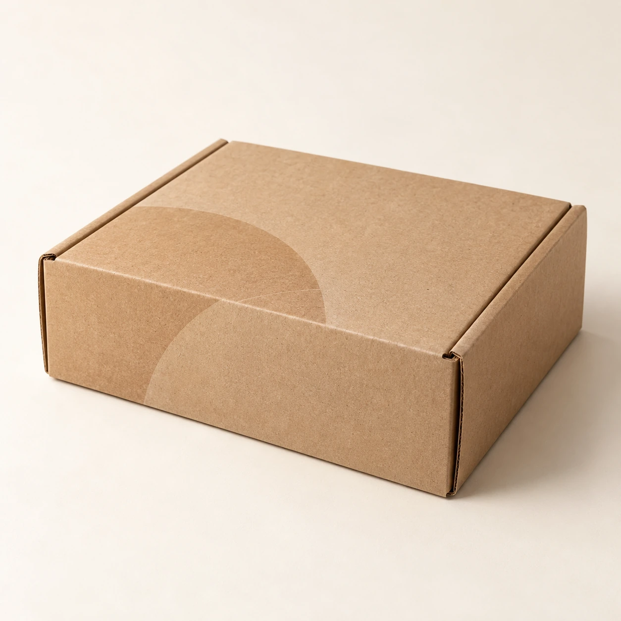 AI concept: a low rectangular kraft mailer with an attached tuck-style lid and a subtle geometric print.