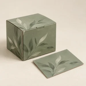 AI concept: a muted sage carton and paper sample with a botanical pattern and a matte finish.