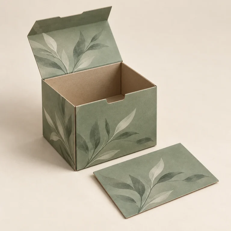 AI concept: alternate view of a muted sage carton and paper sample with a botanical pattern and a matte finish.