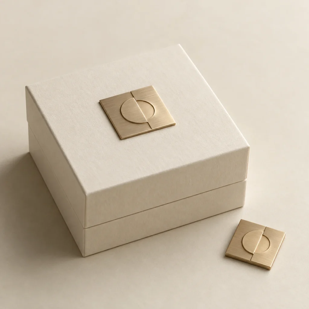 AI concept: small champagne-toned metal badges beside an ivory box with a matching mounted badge.