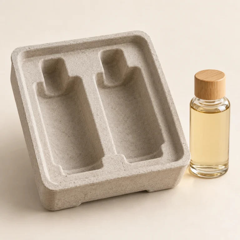 AI concept: grey formed tray with a bottle-shaped cavity, catalog view.