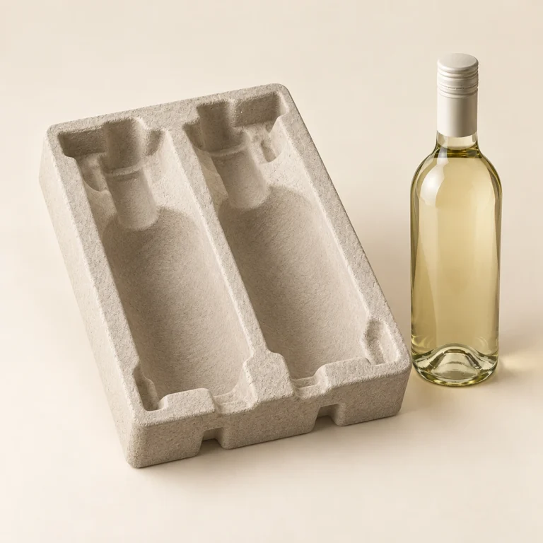 AI concept: alternate view of a light grey fibrous molded tray with two bottle-shaped recesses beside a capped glass bottle.