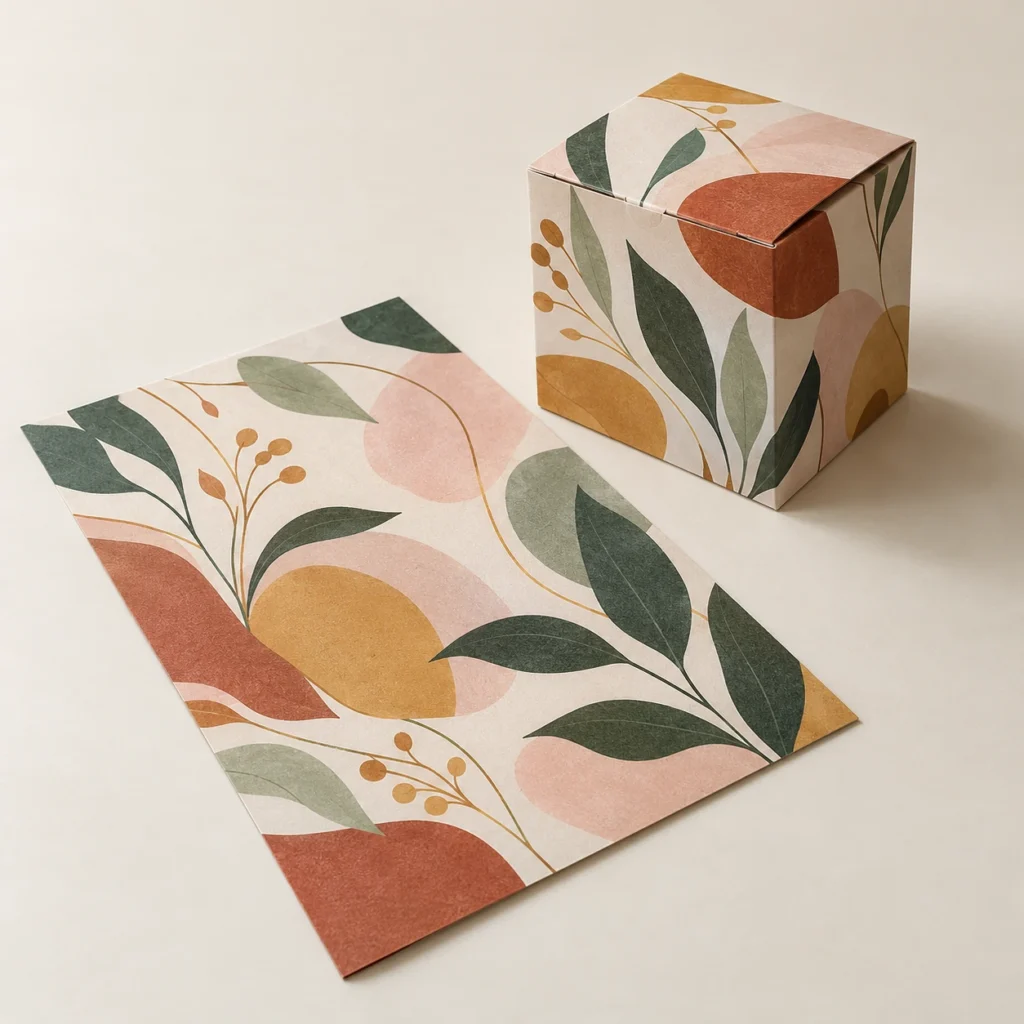 AI concept: a multicolour botanical print on a carton and matching flat paper sample.