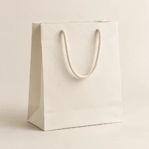 AI concept: an ivory gusseted paper shopping bag with rope handles.