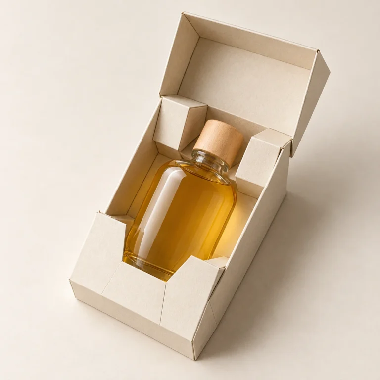 AI concept: alternate view of an ivory folded paperboard insert supporting a capped glass bottle.