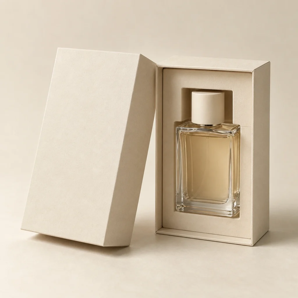 AI concept: ivory perfume presentation box with a bottle-shaped internal fitment, catalog view.