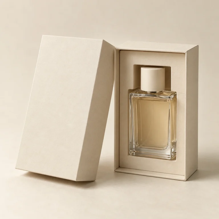 AI concept: ivory perfume presentation box with a bottle-shaped internal fitment, catalog view.