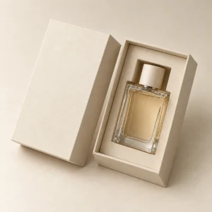 AI concept: ivory perfume presentation box with a bottle-shaped internal fitment, alternate view.
