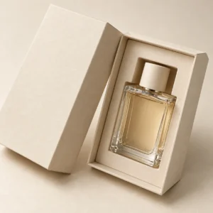 AI concept: ivory perfume presentation box with a bottle-shaped internal fitment, detail view.