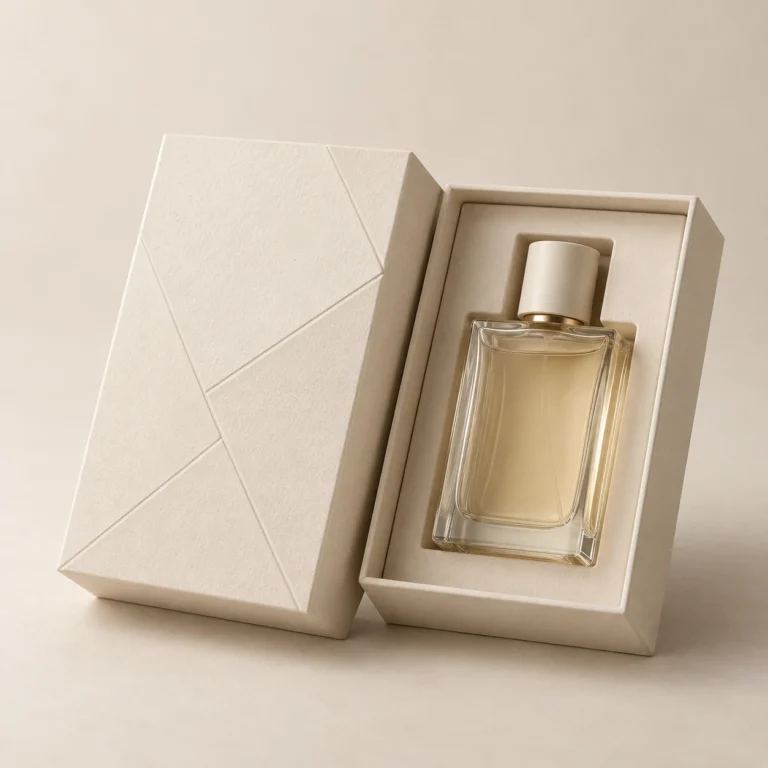 AI concept: an ivory lift-off perfume box with a fine geometric pattern and a bottle-shaped paperboard fitment.