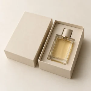 AI concept: ivory perfume gift box with a rectangular fragrance bottle, catalog view.