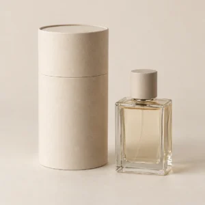 AI concept: ivory cylindrical perfume pack with a rectangular glass fragrance bottle, catalog view.