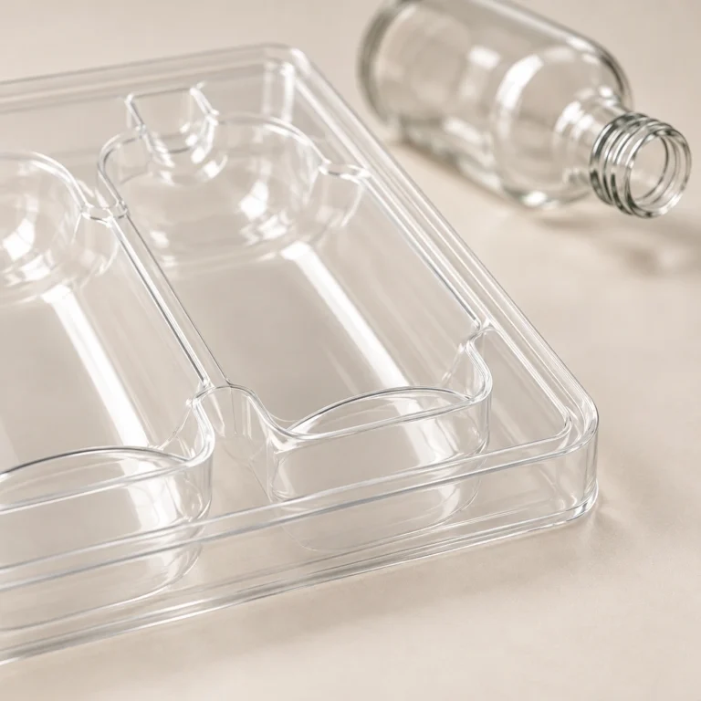 AI-generated pet / pcr thermoformed inserts concept, close detail view.