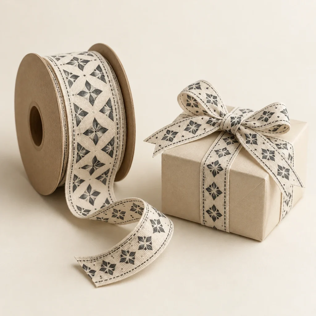 AI concept: ivory ribbon with a dark geometric print on a spool and a matching tied gift box.