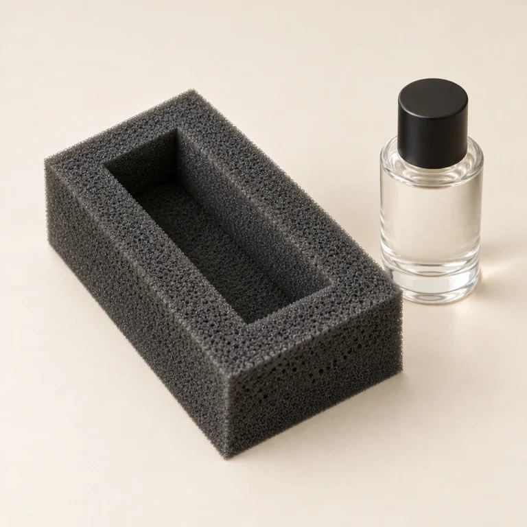 AI concept: alternate view of a dark grey porous foam insert with a rectangular recess beside a small capped glass bottle.