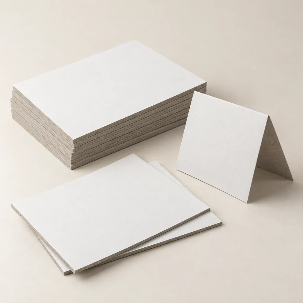 AI concept: white-faced board samples with grey cut edges and a folded sample.