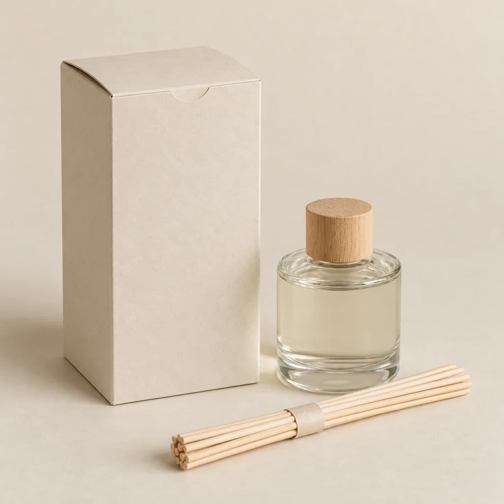 AI concept: tall ivory diffuser carton with a clear bottle and natural-coloured reeds, catalog view.