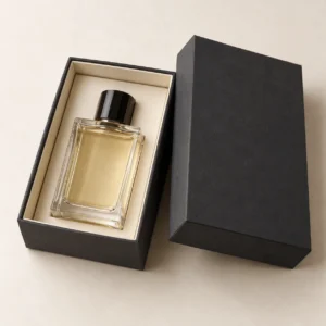 AI concept: charcoal perfume box with an ivory interior and a rectangular glass fragrance bottle, catalog view.