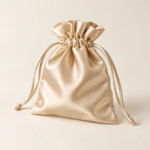 AI concept: a champagne satin drawstring pouch with a gathered top.