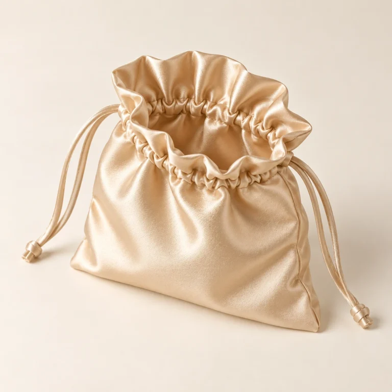 AI concept: alternate view of a champagne satin drawstring pouch with a gathered top.