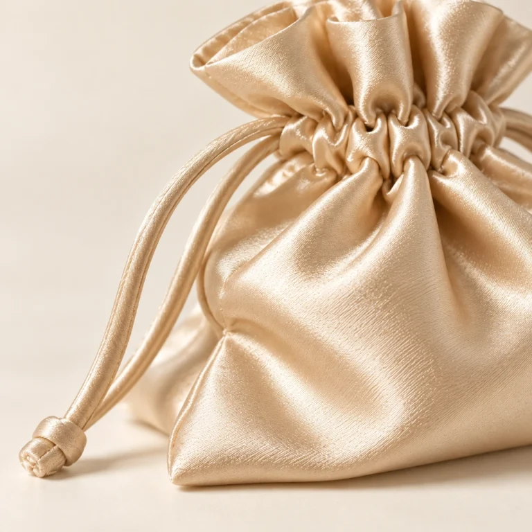 AI-generated satin pouches concept, close detail view.