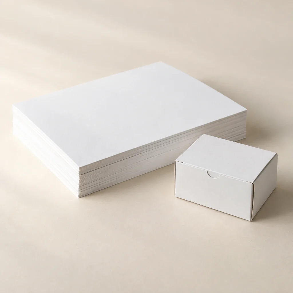 AI concept: white solid paperboard sheets and a small white carton.
