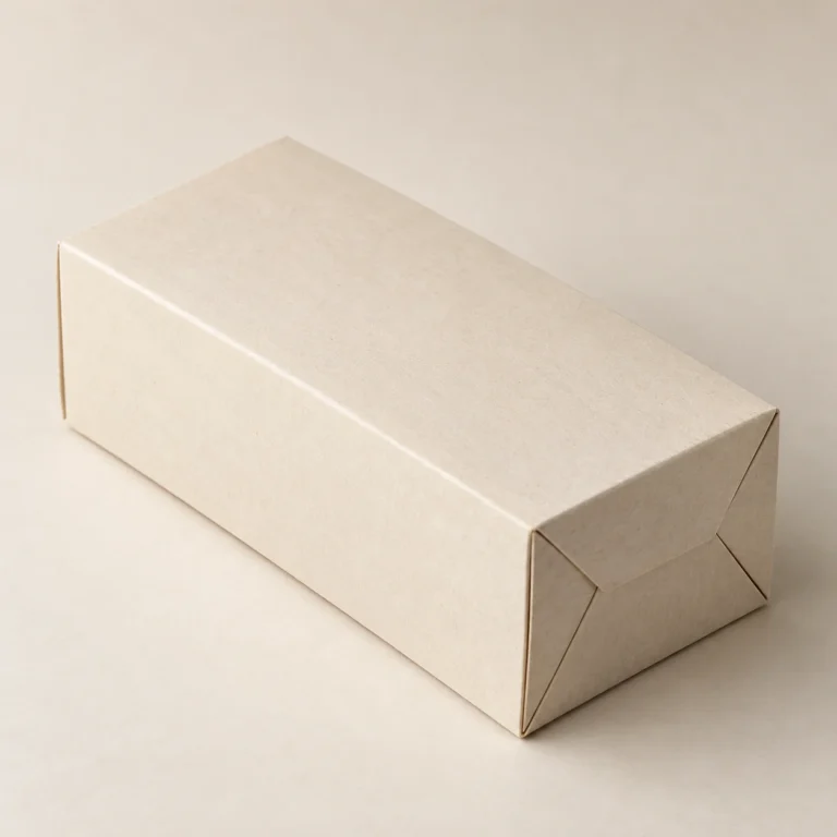 AI concept: long ivory carton with folded end-flap details, catalog view.
