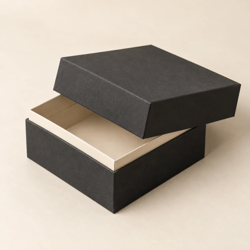 AI concept: charcoal box with an ivory raised inner shoulder and separate lid, catalog view.