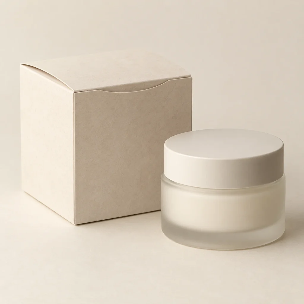 AI concept: ivory skincare carton with a light-coloured cosmetic jar, catalog view.