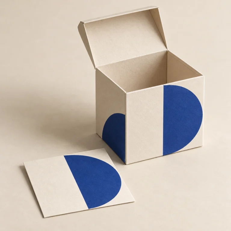 AI concept: alternate view of an ivory carton and paper sample with a uniform blue geometric motif.