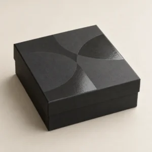 AI concept: a charcoal box with contrasting glossy geometric areas on its matte lid.